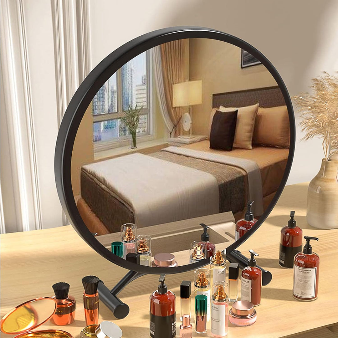 VibeCore Round Vanity Mirror in black features a sleek, minimalist design with a 30cm size for easy fitting into any space. Perfect for makeup and stylish decor.