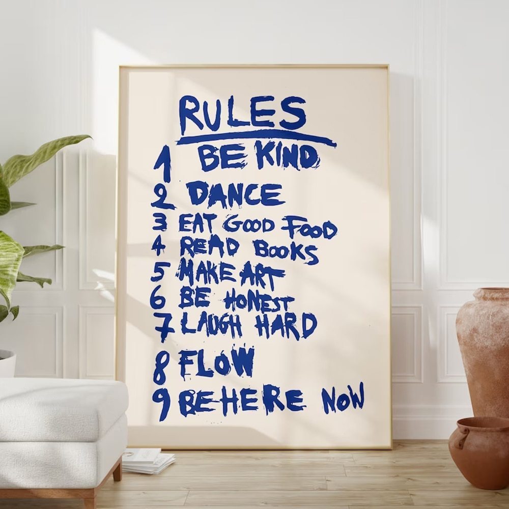VibeCore Rules Canvas Print featuring Rules: 1 Be Kind 2 Dance 3 Eat Good Food 4 Read Books 5 Make Art 6 Be Honest 7 Laugh Hard 8 Flow 9 Be Here Now