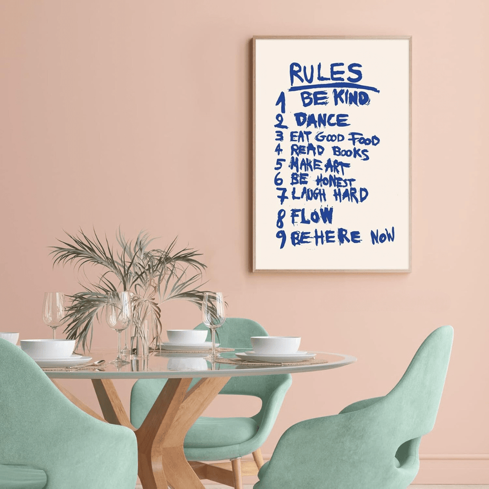 VibeCore Rules Canvas Print featuring Rules: 1 Be Kind 2 Dance 3 Eat Good Food 4 Read Books 5 Make Art 6 Be Honest 7 Laugh Hard 8 Flow 9 Be Here Now