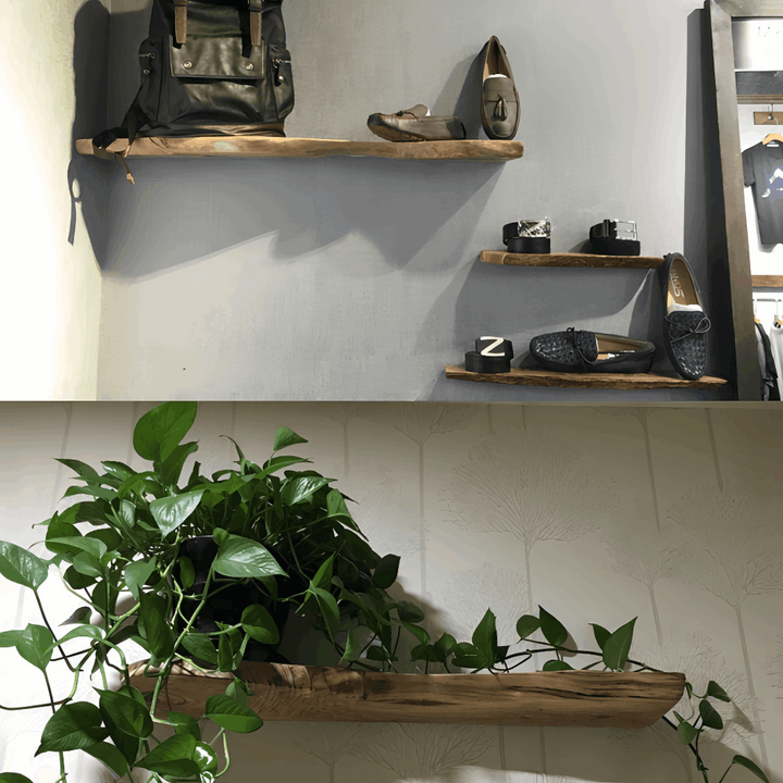 VibeCore Rustic Solid Wood Floating Wall Shelves in an apartment, showcasing plants and decor with a warm, natural wood finish.