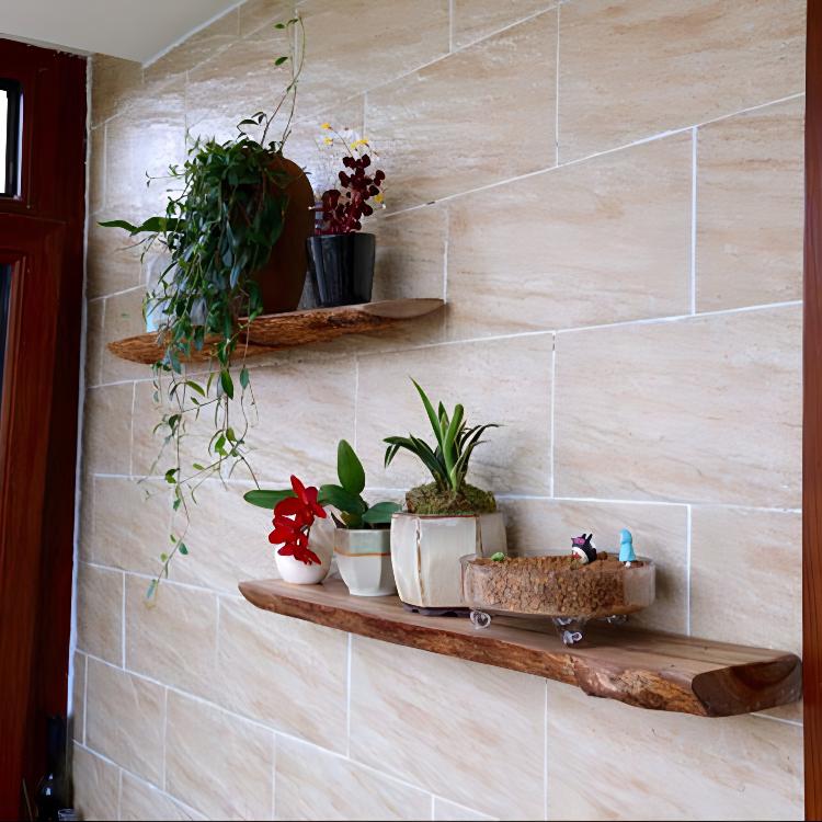 VibeCore Rustic Solid Wood Floating Wall Shelves mounted on a bathroom wall, showcasing plants and decor with a natural wood finish.