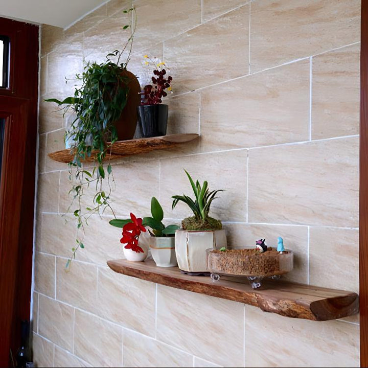 VibeCore Rustic Solid Wood Floating Wall Shelves mounted on a bathroom wall, showcasing plants and decor with a natural wood finish.