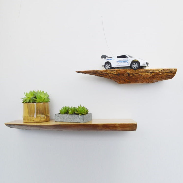 VibeCore Rustic Solid Wood Floating Wall Shelves mounted on a wall, displaying plants and decor with a natural wood finish.