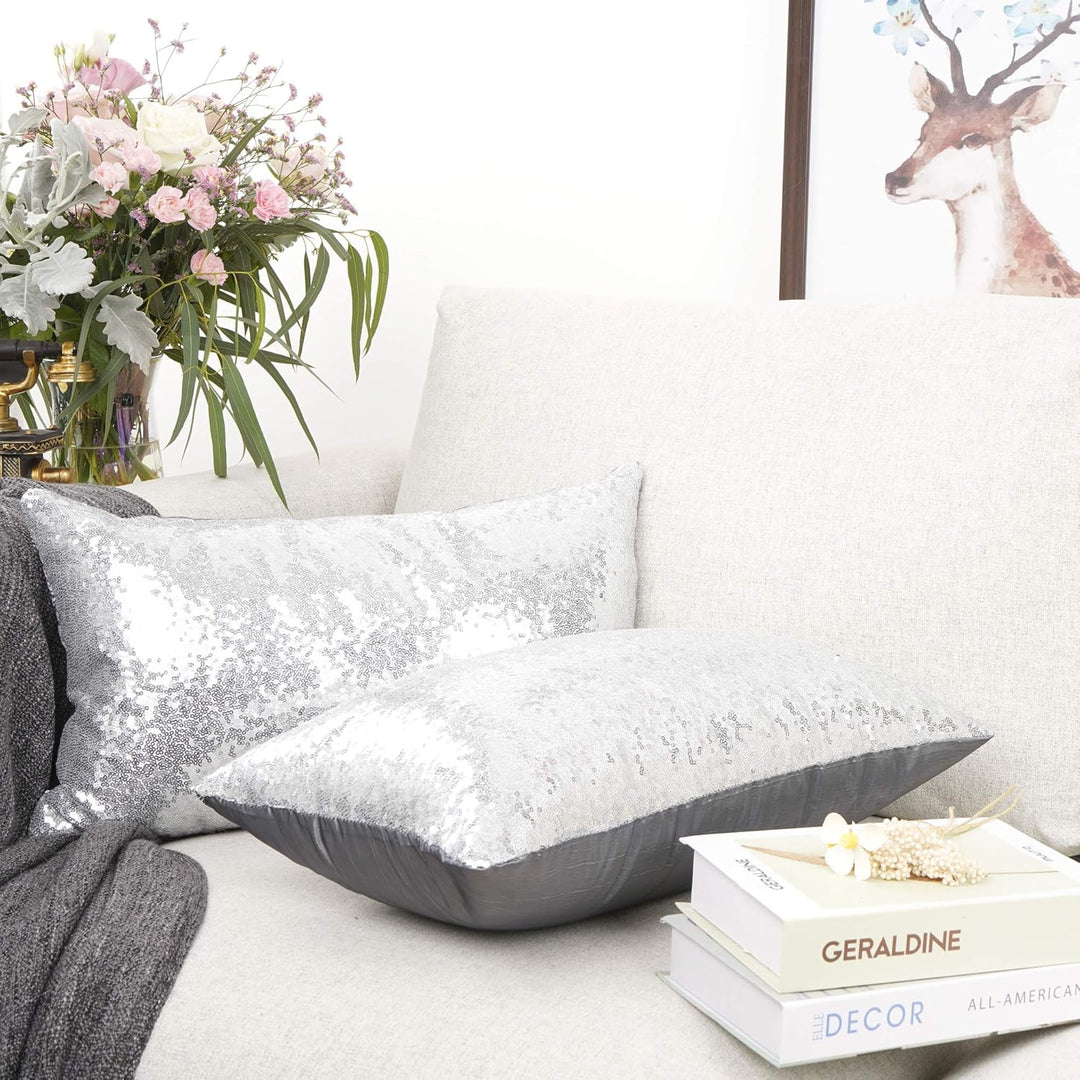 VibeCore Sequin Throw Pillow - Set of 2, Shimmering Silver Sequin Design, Plush PP Cotton Fill, Elegant Satin Backing, Sparkly Glam Accent for Bedroom, Living Room, or Dorm, Cozy and Sophisticated Home Decor