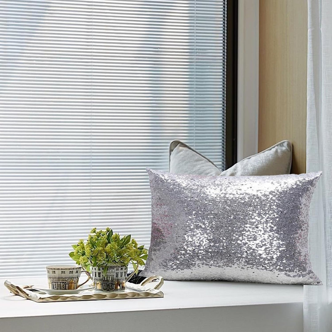 VibeCore Sequin Throw Pillow by Windowsill - Shimmering Silver Sequin Design, Plush PP Cotton Fill, Elegant Satin Backing, Sparkly Glam Accent for Bedroom, Living Room, or Dorm, Cozy and Sophisticated Home Decor