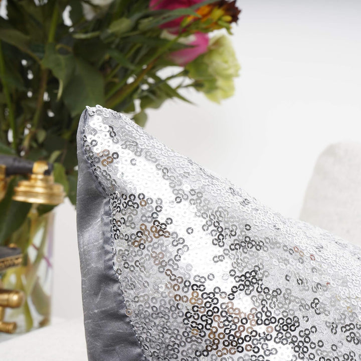 VibeCore Sequin Throw Pillow Corner Close Up - Shimmering Silver Sequin Design, Plush PP Cotton Fill, Elegant Satin Backing, Detailed Zipper Closure, Sparkly Glam Accent for Bedroom, Living Room, or Dorm