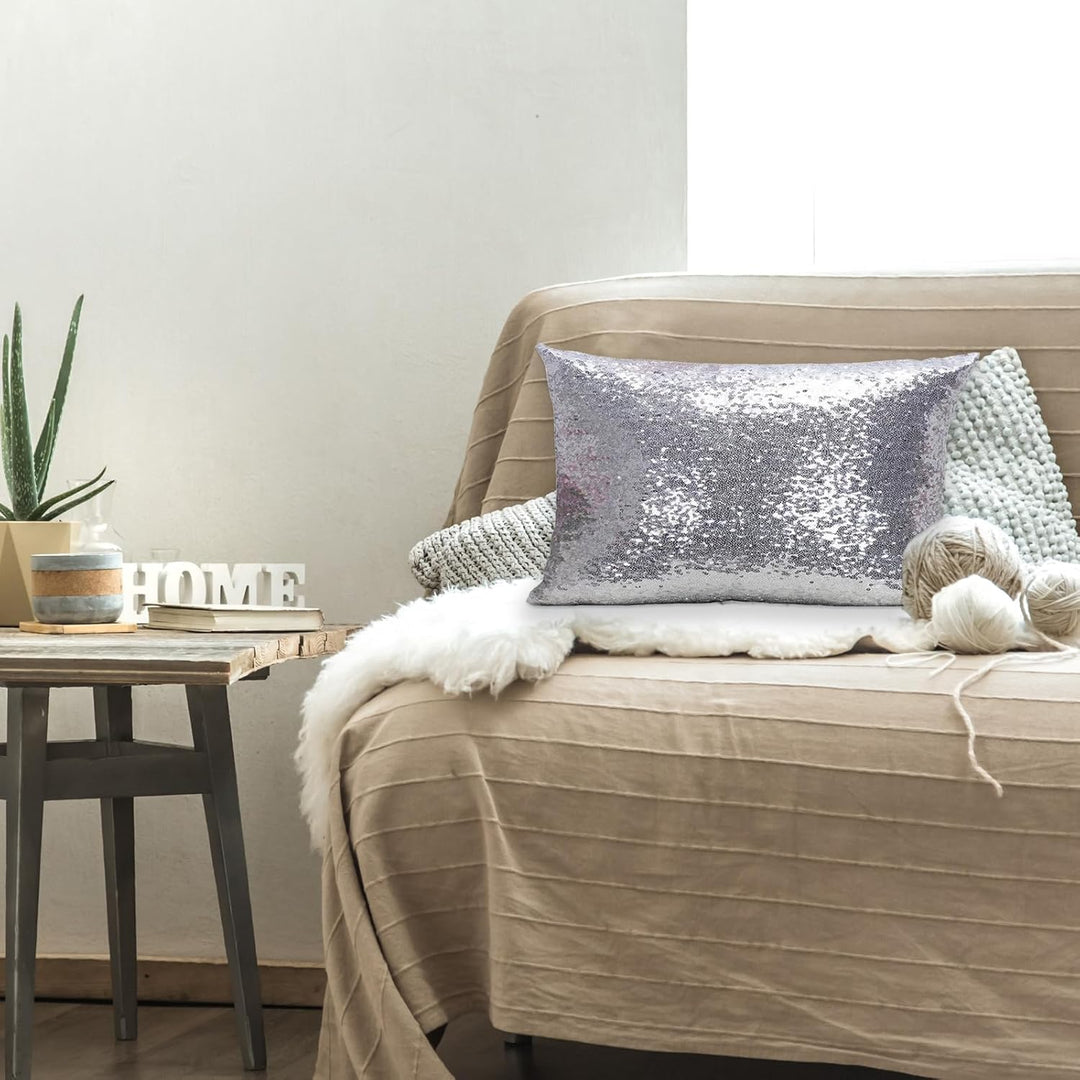 VibeCore Sequin Throw Pillow on Couch - Shimmering Silver Sequin Design, Plush PP Cotton Fill, Elegant Satin Backing, Glamorous Accent for Living Room, Bedroom, or Dorm, Cozy and Sparkly Home Decor