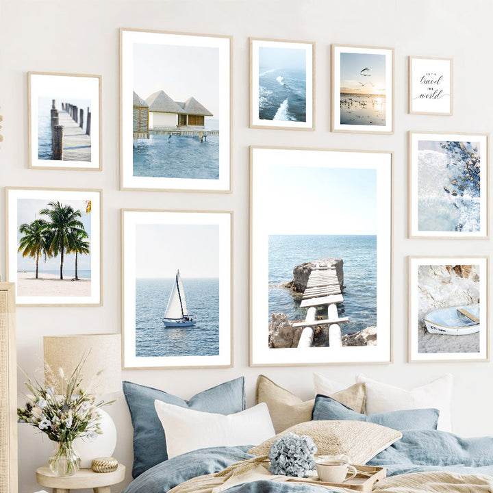 VibeCore Serene Oceanside Canvas Prints Collage Framed On Living Room Wall