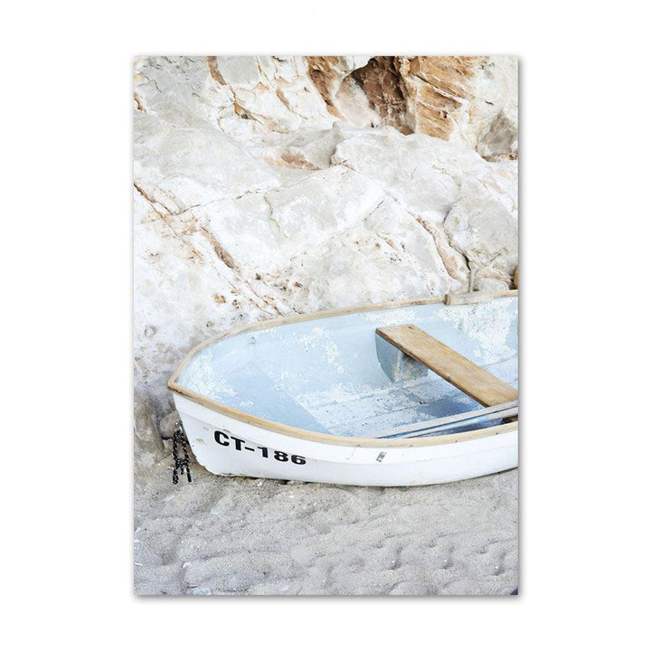 VibeCore Serene Oceanside Canvas Prints Option C: Row boat on sand and rock