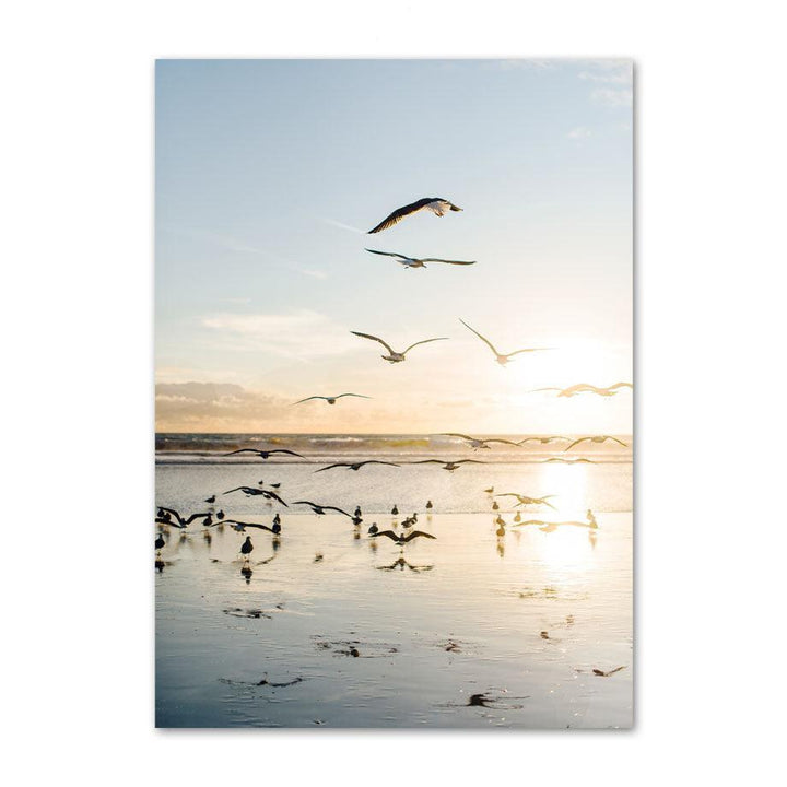 VibeCore Serene Oceanside Canvas Prints Option G: Birds flying on beach in sunset