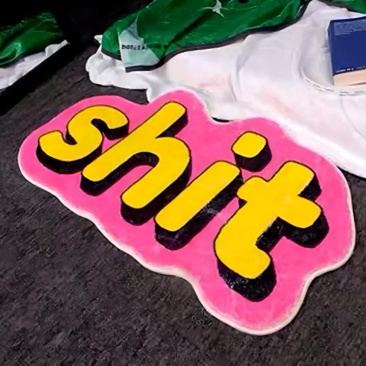 VibeCore Shit Accent Rug on bedroom floor, adding bold, cheeky decor with soft texture and anti-slip backing.