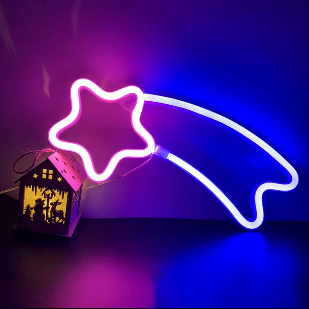 VibeCore Shooting Star Neon Light in blue and pink, glowing brightly, creating a dreamy, celestial ambiance on a dark background.