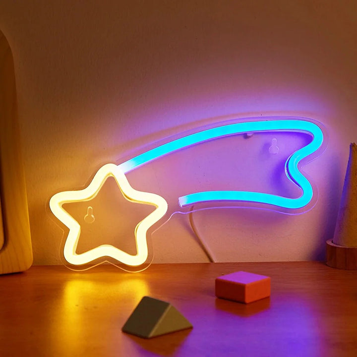 VibeCore Shooting Star Neon Light in blue and yellow glowing, adding a dreamy and celestial touch to the space.