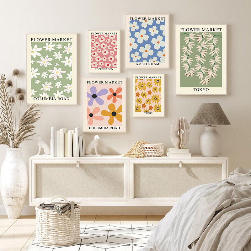 VibeCore Simple Florals Flower Market canvas posters on bedroom wall, aesthetic floral prints for dorm room, teen bedroom, or minimalist apartment decor.