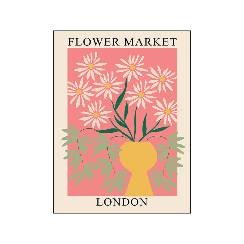 VibeCore Simple Florals Flower Market Canvas Posters Option A - London with white and green florals in yellow vase and pink background.