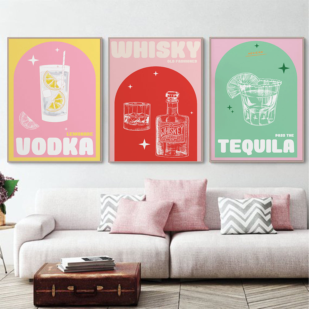 VibeCore Sip & Style Canvas Prints Option A B and E Framed On Wall Above Couch