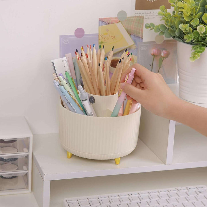 VibeCore Sleek Spin Organizer Cream on Desk, 360-Degree Rotating Storage for Makeup Brushes and Office Supplies