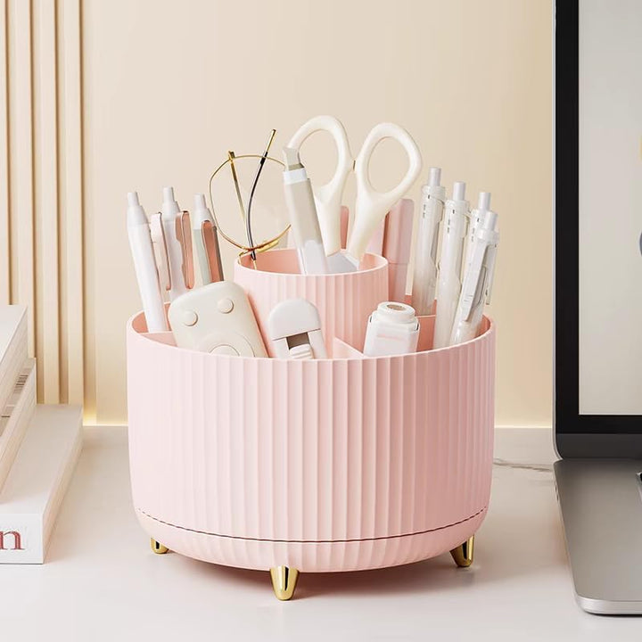 VibeCore Sleek Spin Organizer Light Pink On Desk, 360-Degree Rotating Storage for Makeup Brushes and Office Supplies