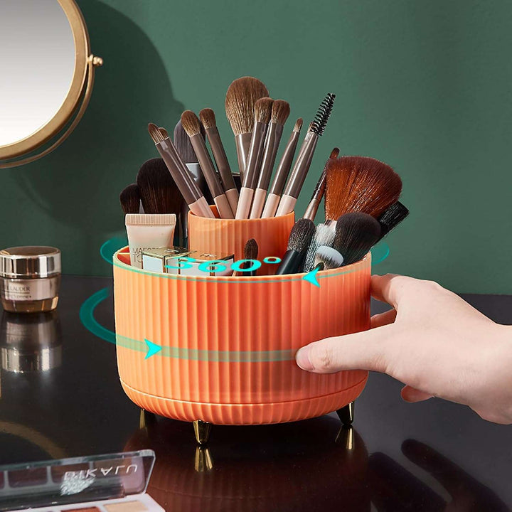VibeCore Sleek Spin Organizer Orange on Vanity, 360-Degree Rotating Makeup and Office Supply Organizer