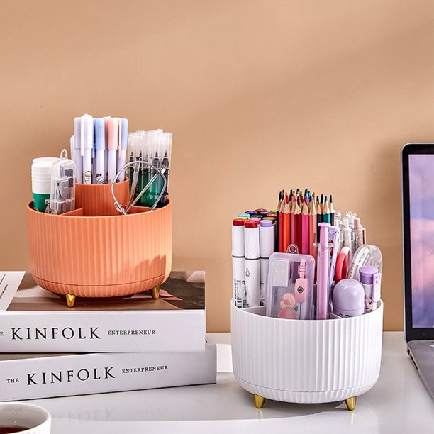 VibeCore Sleek Spin Organizer Orange and White, 360-Degree Rotating Makeup and Office Supply Organizer