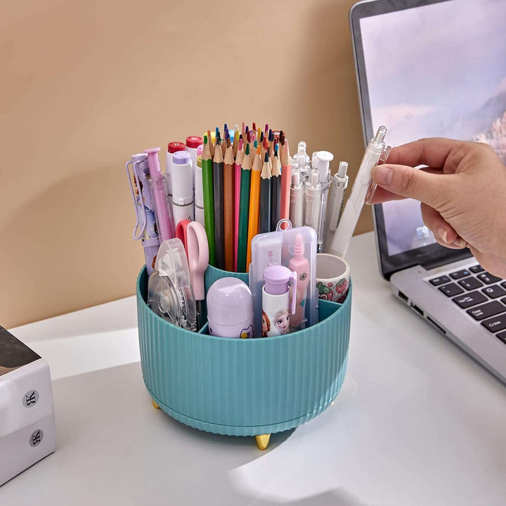 Sleek Spin Organizer Turquoise Blue on Desk, 360-Degree Rotating Storage for Office Supplies and Makeup