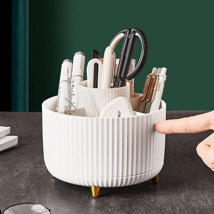 VibeCore Sleek Spin Organizer White On Desk, 360-Degree Rotating Storage for Makeup and Office Supplies
