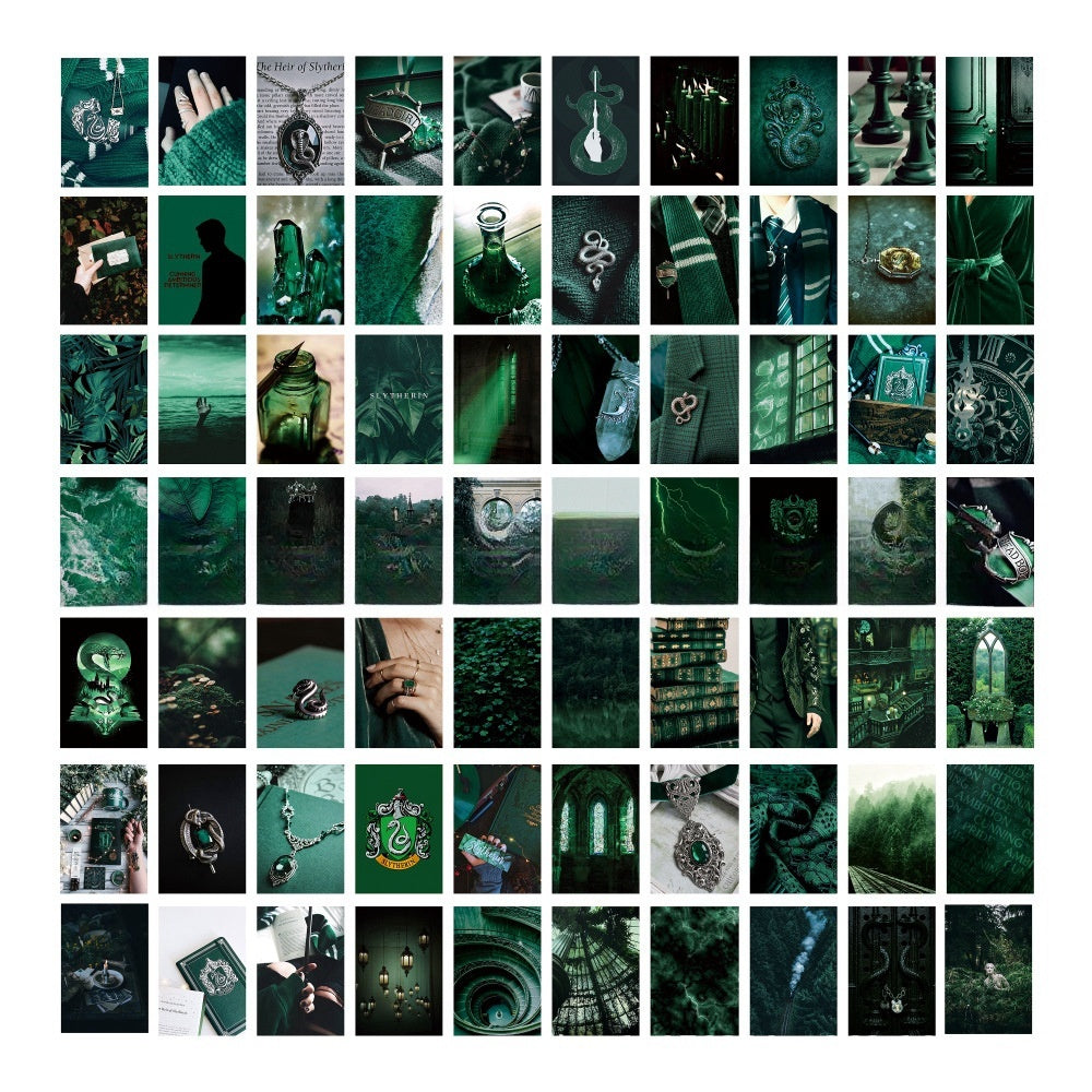 VibeCore Slytherin Witchcore Wall Collage Kit featuring 70 dark green, mystical prints inspired by nature and the magical world. Perfect for dorm room, bedroom, Slytherin decor, witchcore, magical wall art, Harry Potter vibes, dark aesthetic, and enchanting room styling.