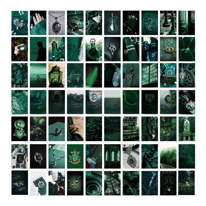 VibeCore Slytherin Witchcore Wall Collage Kit featuring 70 dark green, mystical prints inspired by nature and the magical world. Perfect for dorm room, bedroom, Slytherin decor, witchcore, magical wall art, Harry Potter vibes, dark aesthetic, and enchanting room styling.