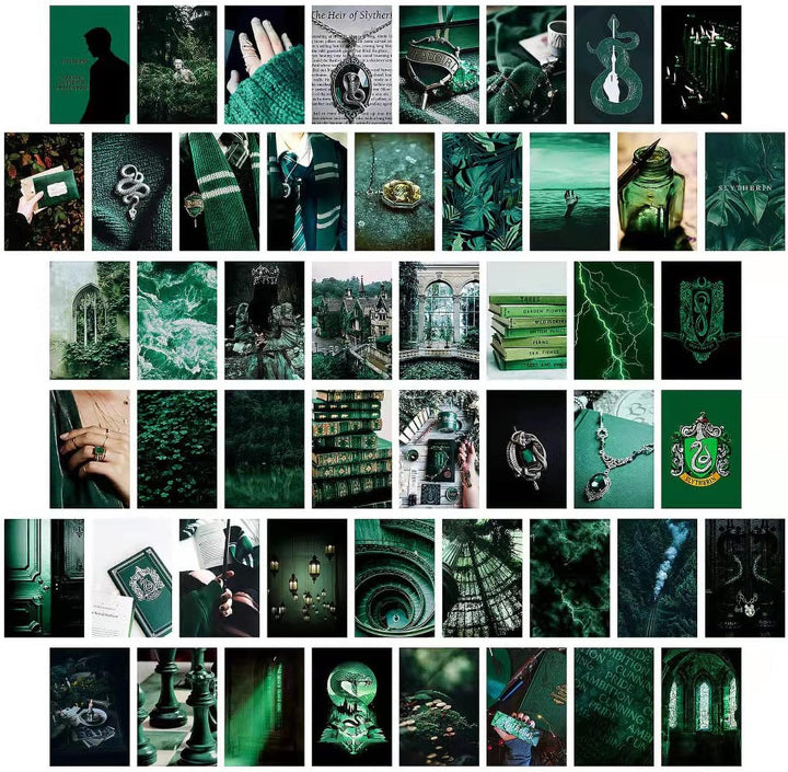 VibeCore Slytherin Witchcore Wall Collage Kit showcasing half of the posters featuring 70 dark green, mystical prints inspired by nature and the magical world. Perfect for dorm room, bedroom, Slytherin decor, witchcore, magical wall art, dark aesthetic, Harry Potter vibes, and enchanting room styling.