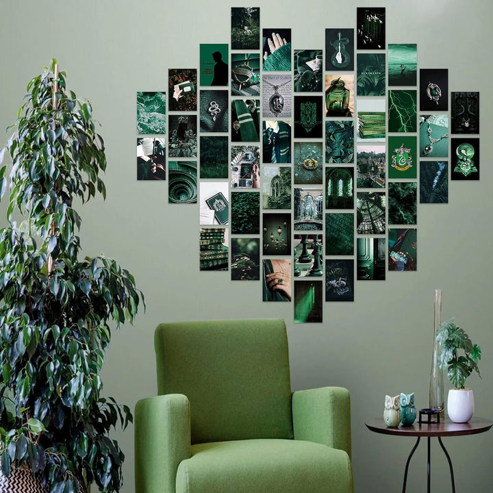 VibeCore Slytherin Witchcore Wall Collage Kit on another living room wall featuring 70 dark green, mystical prints inspired by nature and the magical world. Perfect for boho decor, witchcore, Slytherin vibes, dark aesthetic, magical wall art, Harry Potter-inspired, and enchanting living room styling.