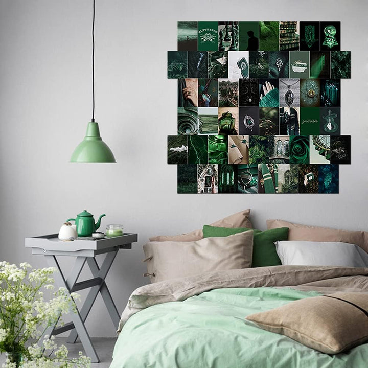 VibeCore Slytherin Witchcore Wall Collage Kit on bedroom wall featuring 70 dark green, mystical prints inspired by nature and the magical world. Perfect for dorm room, bedroom, Slytherin decor, witchcore, magical wall art, dark aesthetic, Harry Potter vibes, and enchanting room styling.