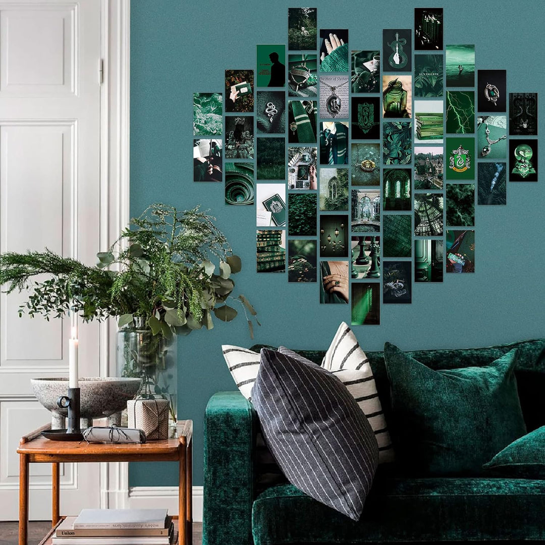 VibeCore Slytherin Witchcore Wall Collage Kit on living room wall featuring 70 dark green, mystical prints inspired by nature and the magical world. Perfect for boho decor, witchcore, Slytherin vibes, dark aesthetic, magical wall art, Harry Potter-inspired, and enchanting living room styling.
