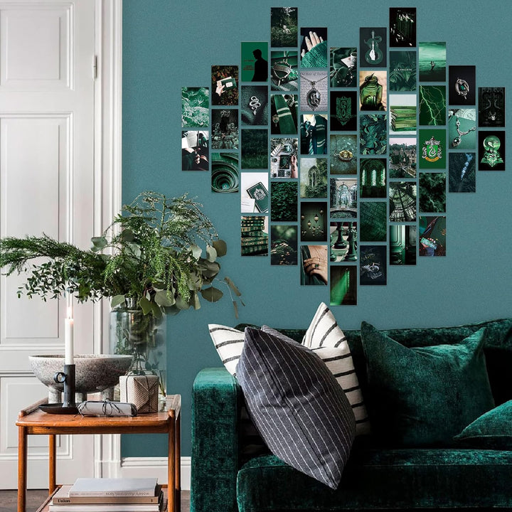 VibeCore Slytherin Witchcore Wall Collage Kit on living room wall featuring 70 dark green, mystical prints inspired by nature and the magical world. Perfect for boho decor, witchcore, Slytherin vibes, dark aesthetic, magical wall art, Harry Potter-inspired, and enchanting living room styling.