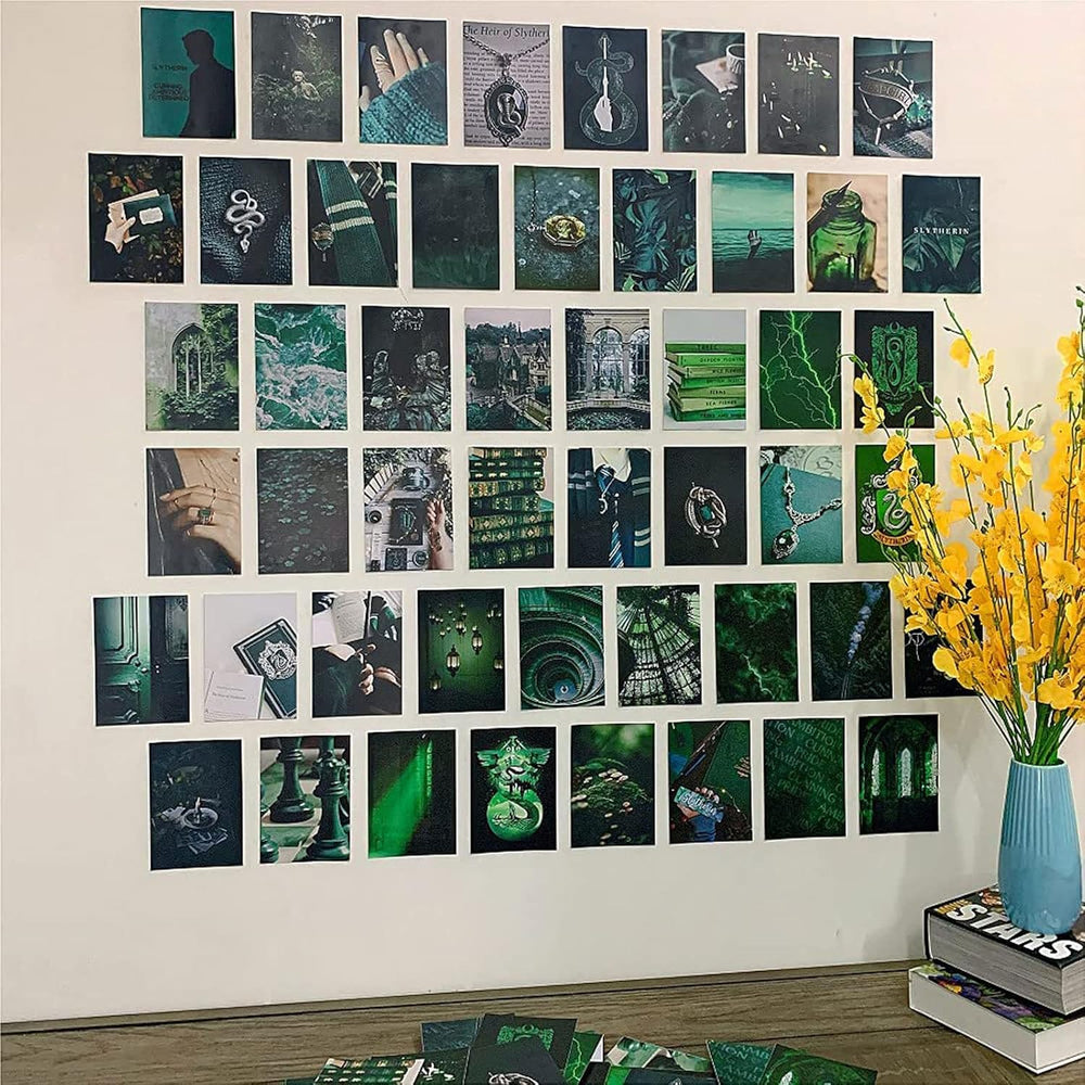 VibeCore Slytherin Witchcore Wall Collage Kit on wall featuring 70 dark green, mystical prints inspired by nature and the magical world. Perfect for dorm room, bedroom, Slytherin decor, witchcore, magical wall art, Harry Potter vibes, dark aesthetic, and enchanting room styling.