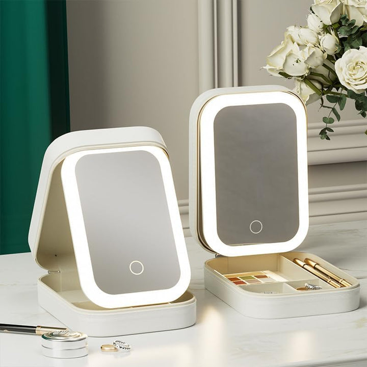 2 Small Portable LED Mirror Makeup Holder White with Two Lit-Up Mirrors and Adjustable Lighting