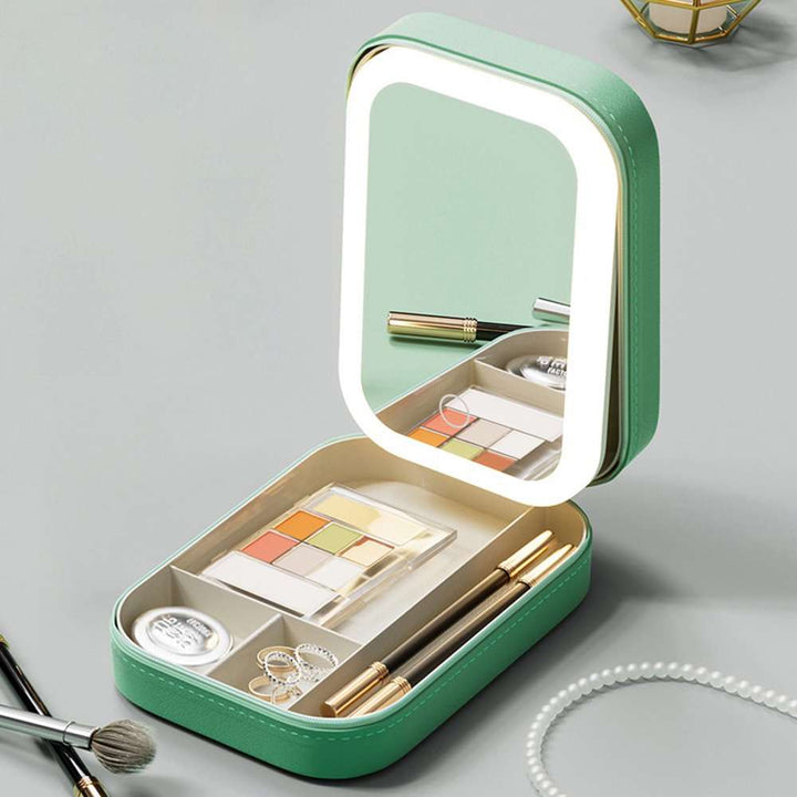 Small Portable LED Mirror Makeup Holder Green with Adjustable Lighting for Vanity