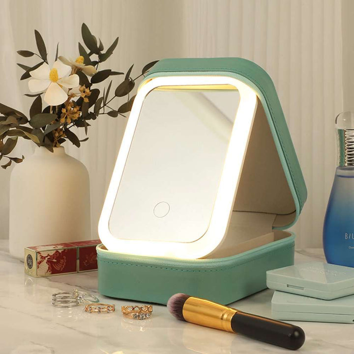 Small Portable LED Mirror Makeup Holder Green on Vanity with Adjustable Lighting and Storage