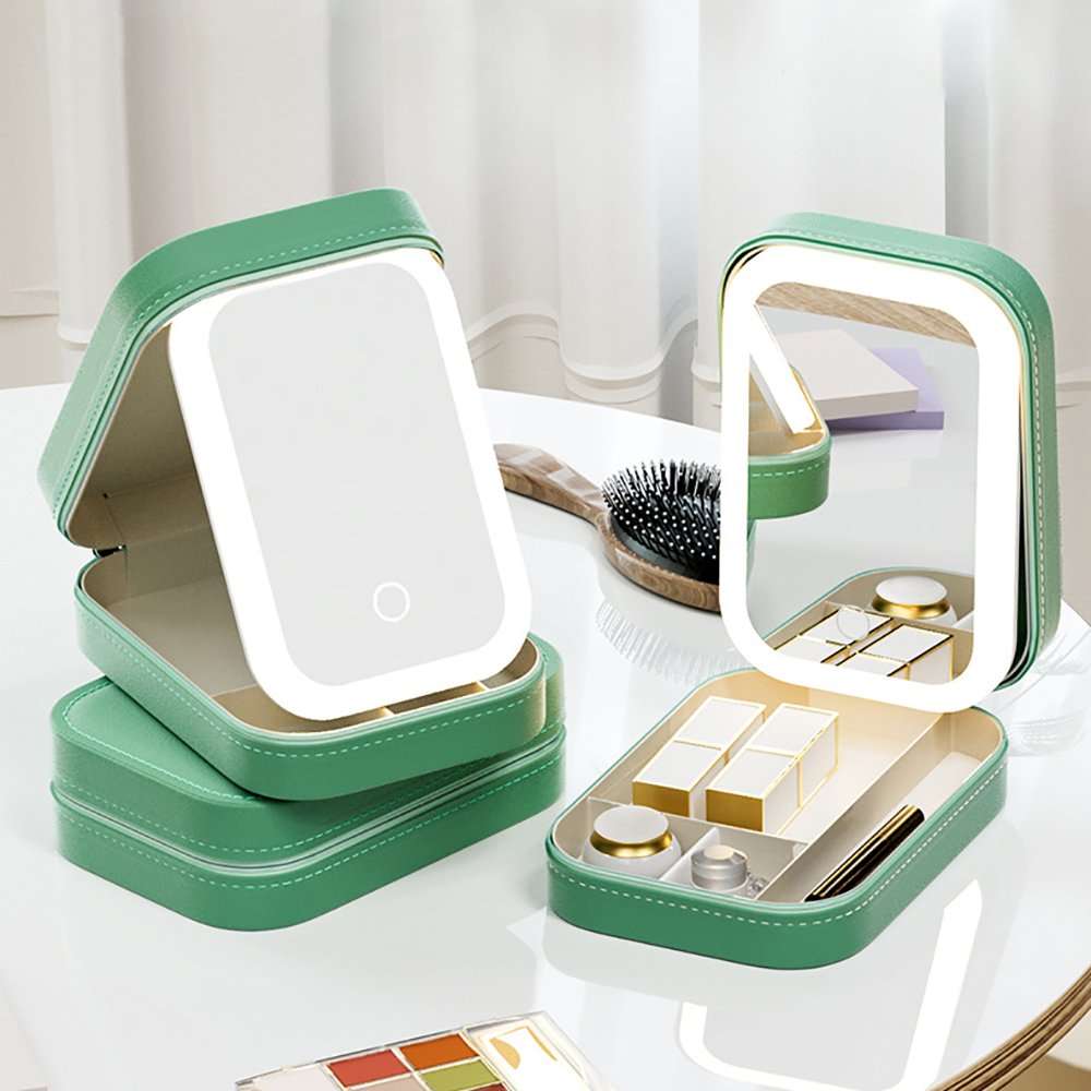 Small Portable LED Mirror Makeup Holders in Green on Vanity with Adjustable Lighting and Built-in Storage