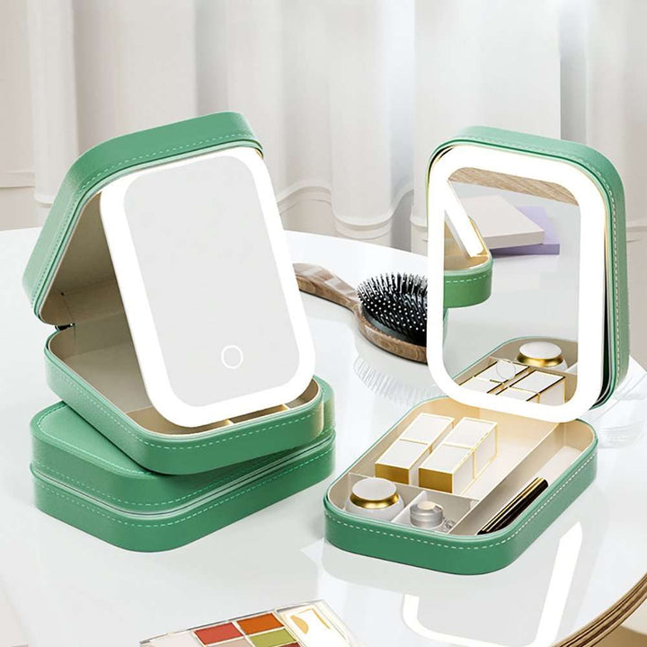 Small Portable LED Mirror Makeup Holders in Green on Vanity with Adjustable Lighting and Built-in Storage