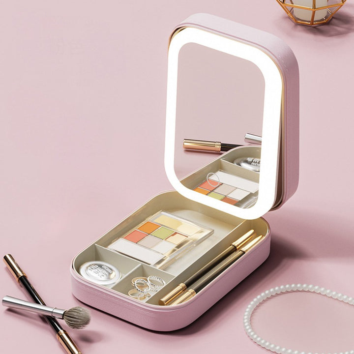 Small Portable LED Mirror Makeup Holder Pink with Adjustable Lighting