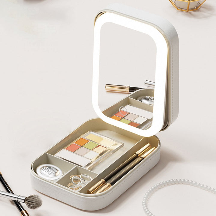 Small Portable LED Mirror Makeup Holder White with Makeup and Built-in Storage