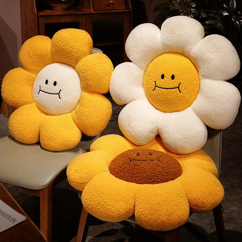 VibeCore Smiley Sunflower Throw Pillow featuring vibrant sunflower design and playful cartoon-inspired pattern, available in three cheerful colors, perfect for brightening up sofas, beds, or chairs.