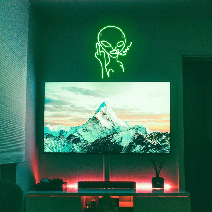 VibeCore Smoking Alien Neon Light On Wall Above TV