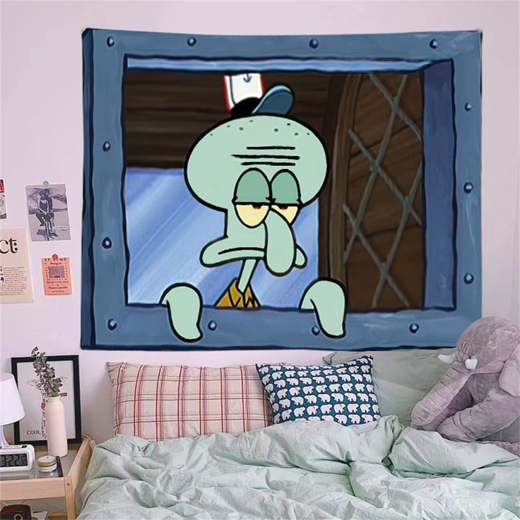 VibeCore Squidward Krusty Krab Window Tapestry Above Bed