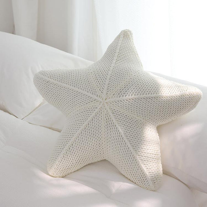 VibeCore Starfish Hand-Knitted Throw Pillow in white, with a handcrafted starfish design that adds a coastal, beachy vibe to any room.
