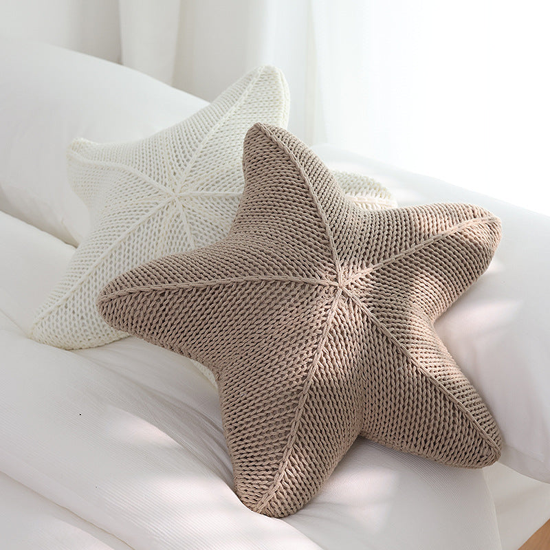 VibeCore Starfish Hand-Knitted Throw Pillow in white and khaki, featuring a coastal-inspired starfish design, perfect for adding a laid-back, beachy vibe to your space.