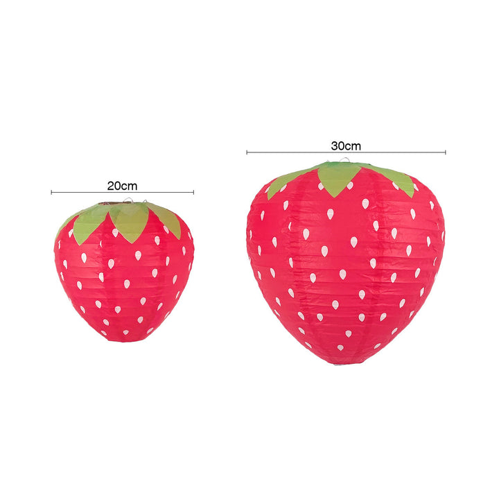 VibeCore Strawberry Paper Lantern Pendants in medium and large sizes, showcasing their playful strawberry design and vibrant colors, perfect for creating a whimsical cutecore decor vibe in any space.