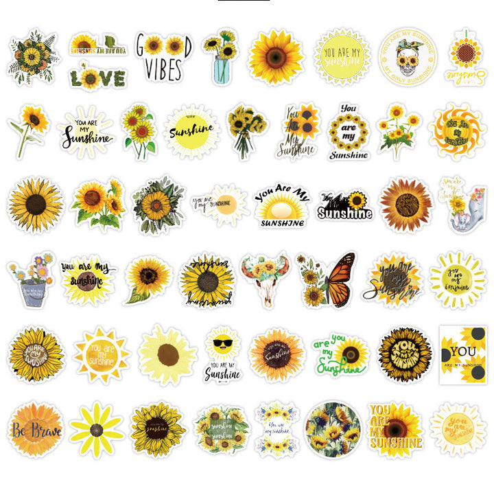 VibeCore Sunflowers and Sunshine Stickers pack with 48 unique, vibrant sunflower designs. Ideal for adding a cheerful, nature-inspired touch to laptops, phones, and water bottles.
