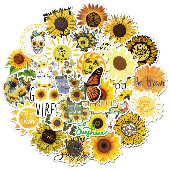VibeCore Sunflowers and Sunshine Stickers Alternative Circular Cluster with vibrant sunflower designs. Perfect for customizing laptops, phones, and water bottles with a cheerful, nature-inspired touch.
