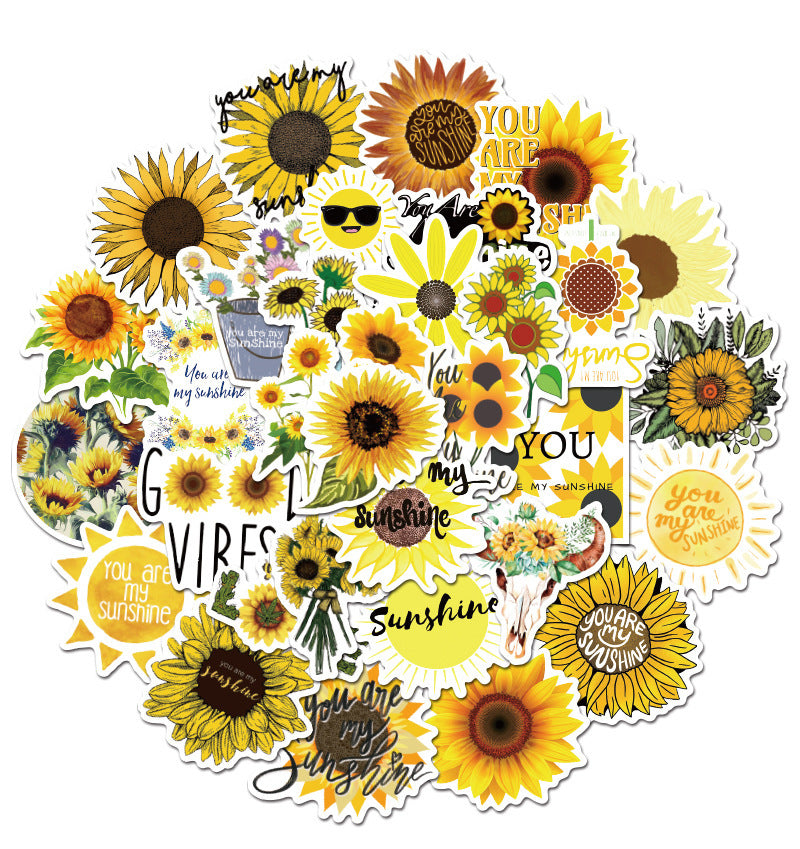 VibeCore Sunflowers and Sunshine Stickers Circular Cluster with 50 vibrant sunflower designs. Adds cheerful, nature-inspired charm to laptops, phones, and water bottles.